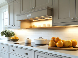 Modern Kitchen with Light Gray Cabinets and White Backsplash