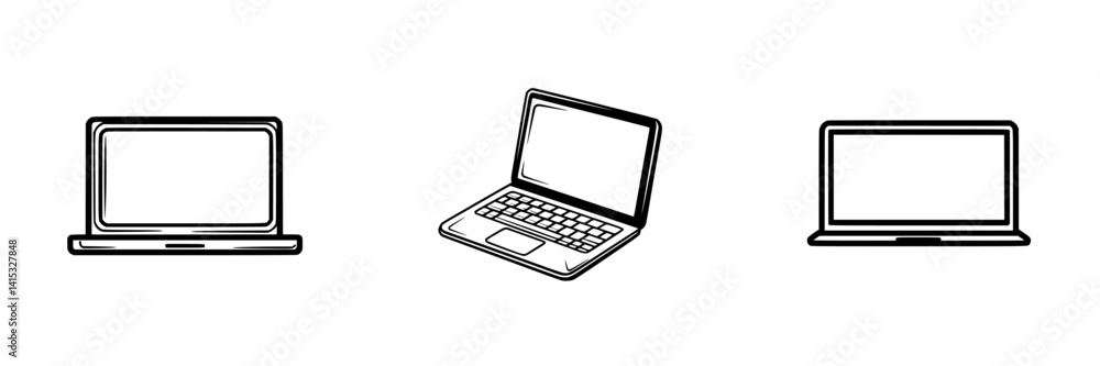 Poster vector illustration icons of three different laptop designs showing various angles and styles for di