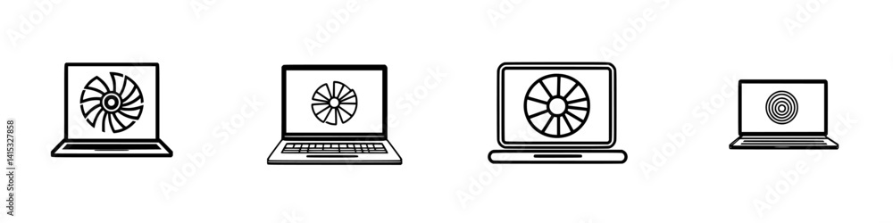 Poster vector illustration of laptops with various fan designs displayed on screens, showcasing technology 