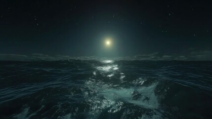 Vast, moonlit ocean landscape at night.