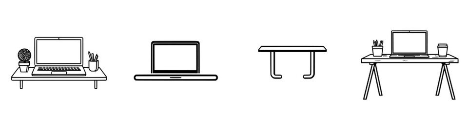 Vector illustration of various desk setups featuring laptops and workspace essentials for a productive environment
