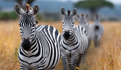 Fototapeta premium A herd of zebras grazing in the savannah, their black and white stripes standing out against the golden grasses