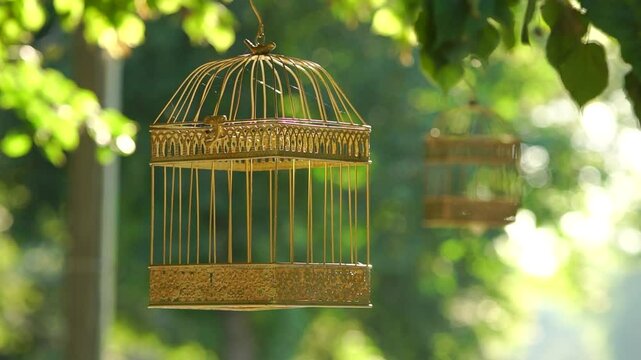 Golden cage as a decoration haning in a park on sunny summer day close-up
