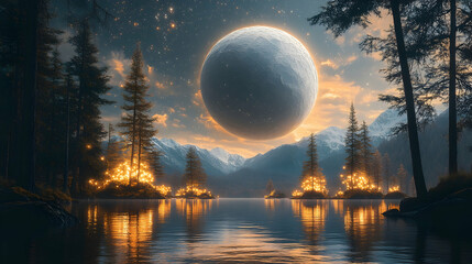 Moonlit landscape with golden lights serene lake reflections and mountain range in background under a starry sky
