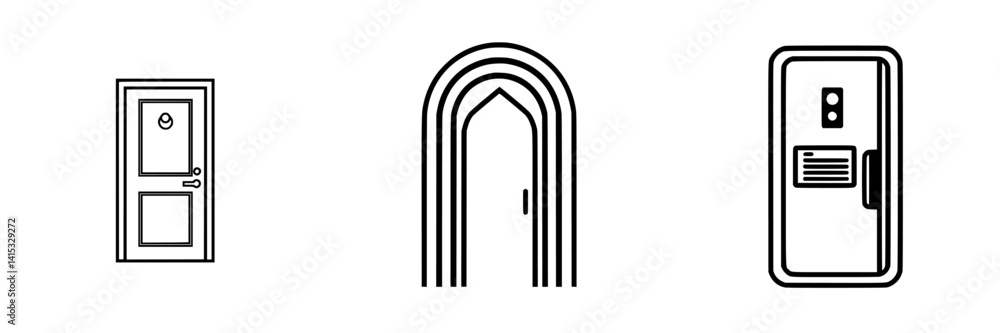 Poster vector illustration icons of door types showcasing various designs and structures for use in graphic