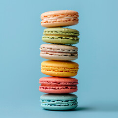 Stack of Colorful Macarons on Blue Background
