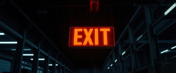 Fototapeta premium Illuminated Red Exit Sign Hanging in a Dark Industrial Building Corridor