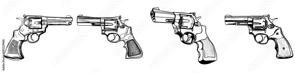 Poster detailed vector illustration of four distinct revolver designs showcasing unique styles and characte