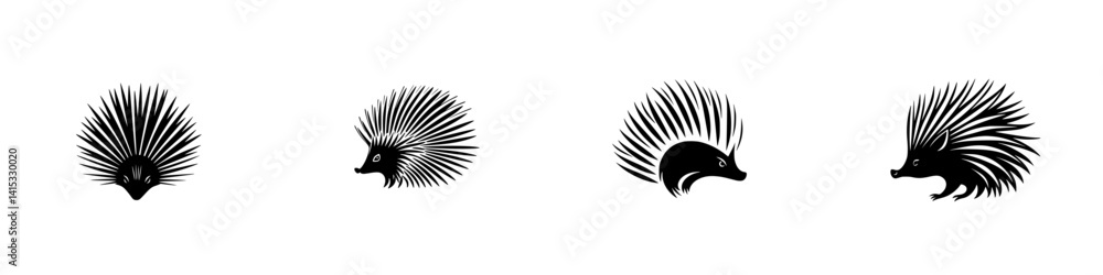 Poster vector illustration of four unique porcupine designs showcasing different styles and patterns in a s