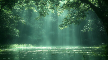 Obraz premium Sunlight streams through a lush green forest creating a magical scene as it illuminates the serene lake below