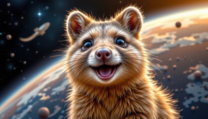 Obraz premium A smiling, fuzzy animal floats in space, gazing out at a planet on the horizon