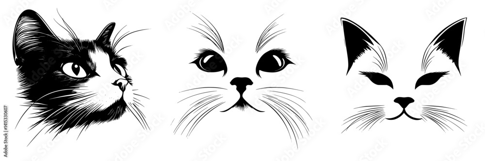Poster vector illustration of three distinct cat faces showcasing unique expressions and features in a mini