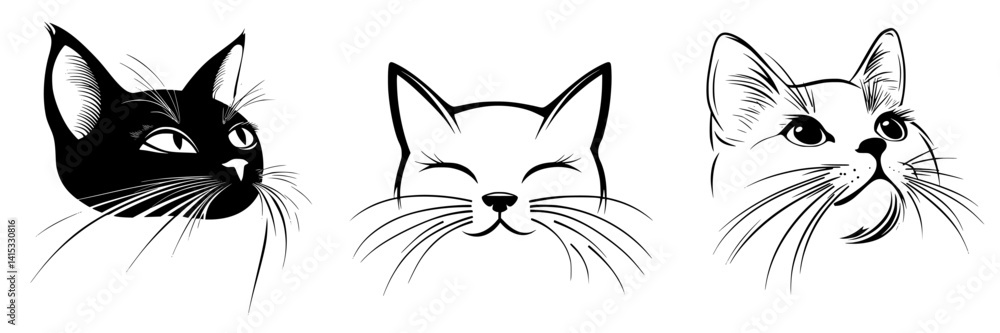 Poster vector illustration icons of three distinct cat faces showcasing different expressions and features