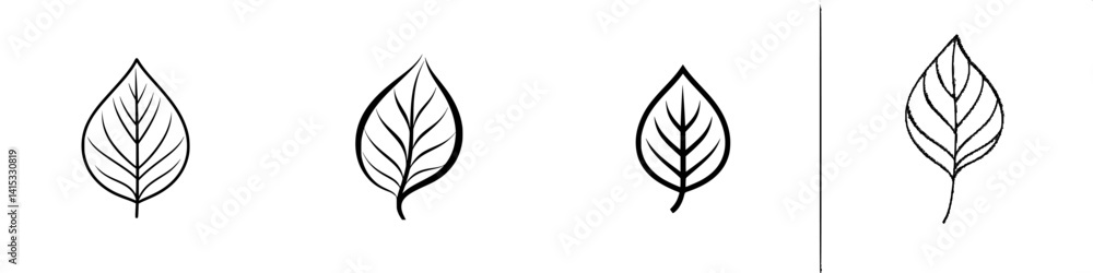 Poster four distinct leaf vector illustrations showcasing various shapes and vein patterns in a minimalist 