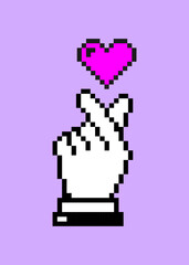 Retro Pixel finger heart. 8 bit pixel art hand icon with heart, pixel hands gestures icons set. Retro Game art isolated vector illustration. Pixel perfect. Nostalgia
