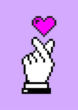 Retro Pixel finger heart. 8 bit pixel art hand icon with heart, pixel hands gestures icons set. Retro Game art isolated vector illustration. Pixel perfect. Nostalgia
