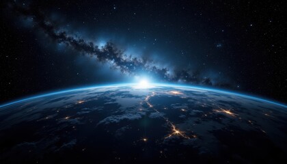 Fototapeta premium Earth from space with glowing cities and clouds, illuminated by the rising sun