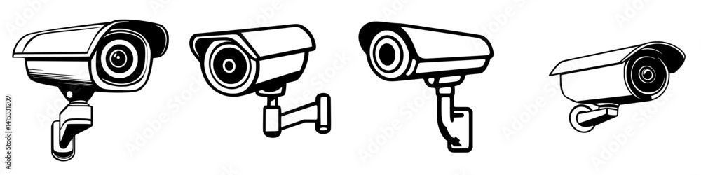 Poster multiple vector illustrations of security cameras designed for various environments and purposes in 