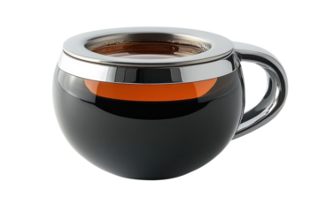 Elegant glass teacup with chrome infuser showcasing rich amber tea perfect for a sophisticated tea ritual against a black on transparent background