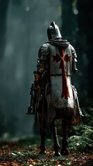Naklejka premium Medieval Knight on Horseback at Dawn in Forest 