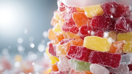 Colorful, rectangular candies stacked high.  A tower of sweet treats