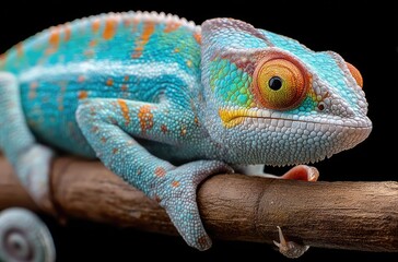 Obraz premium Colorful chameleon on the branch of a plant, against a black background