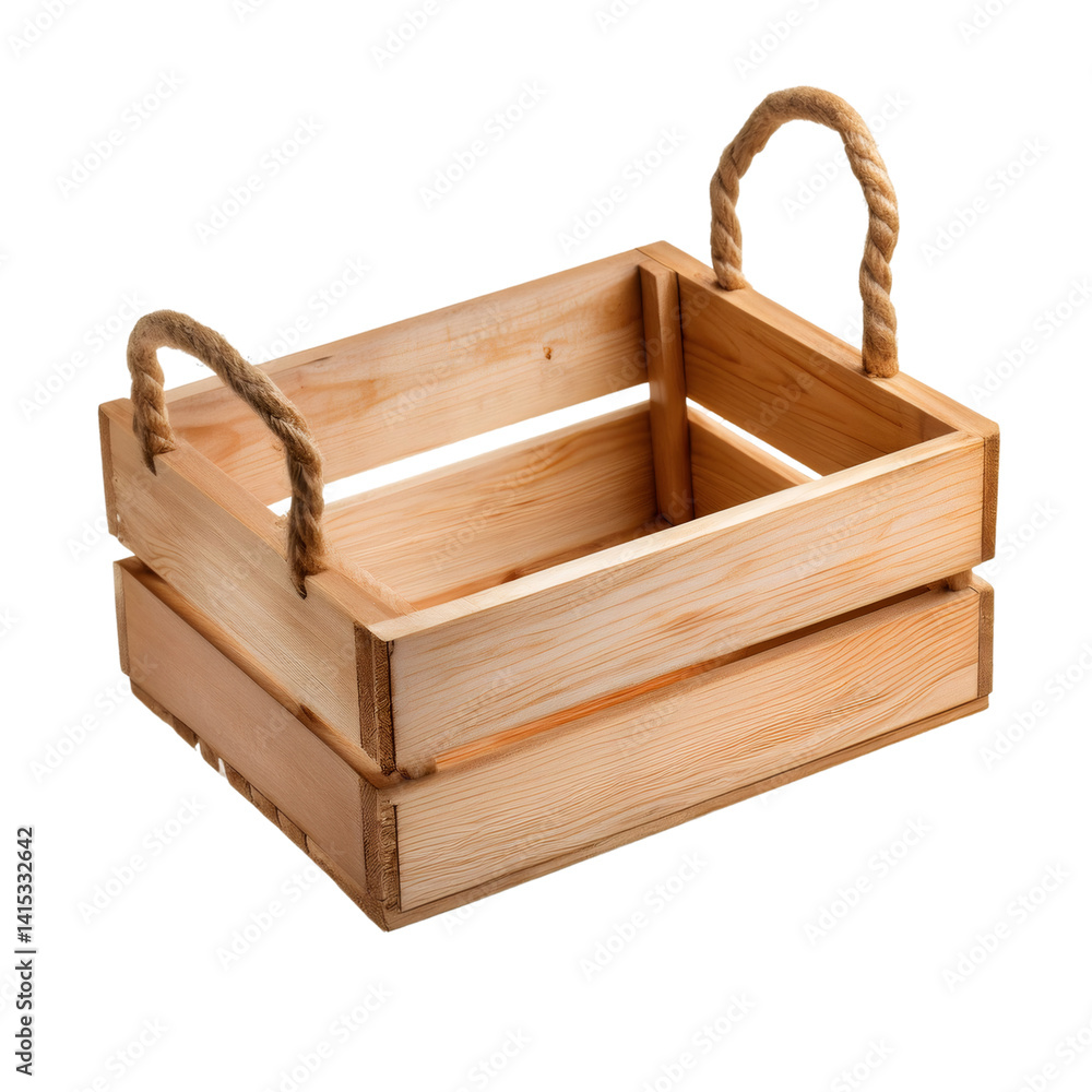 Aufkleber natural wooden crate with rope handles, isolated on a transparent background with clipping path incl