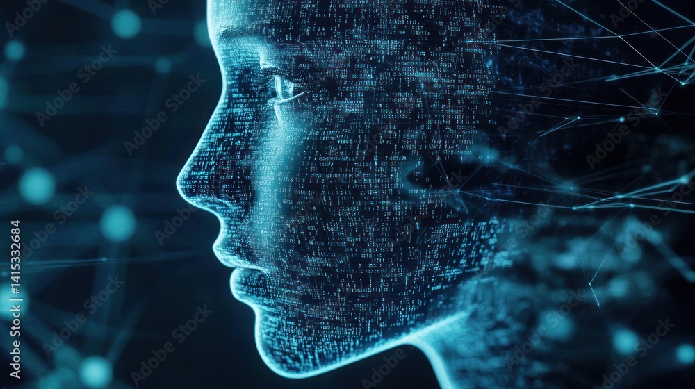 Poster futuristic digital face with data streams in background