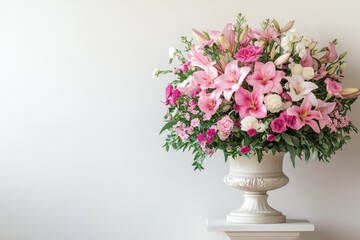 Fototapeta premium Floral arrangement in an urn with pink lilies, roses and foliage. Ideal for wedding, Mother's Day, or general celebration designs.