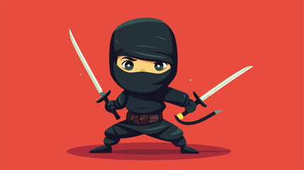 Cute Ninja Tiny Man in Traditional Ninja Suit Attacking