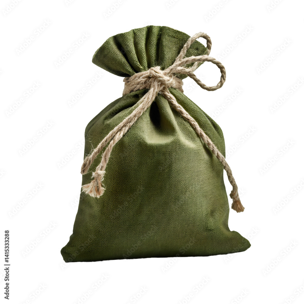 Poster Closed olive green canvas sack tied with rope, isolated on transparent background with clipping path