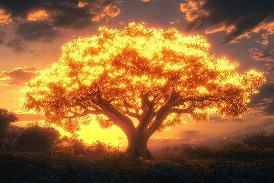 Majestic tree illuminated by sunset in a serene landscape