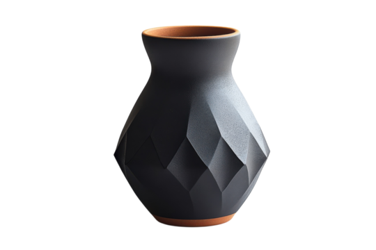 Elegant dark grey geometric vase with terracotta rim isolated on black background showcasing intricate detailing and a sophisticated on transparent background