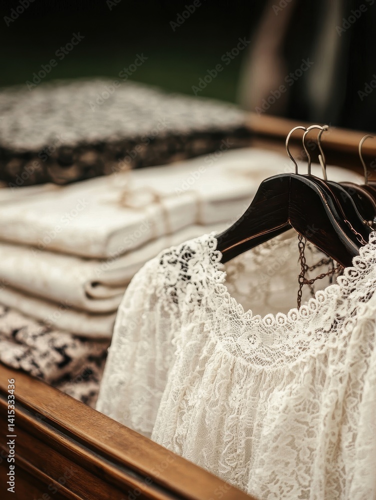 Poster elegant lace blouse displayed on wooden rack with neatly folded patterned textiles in background