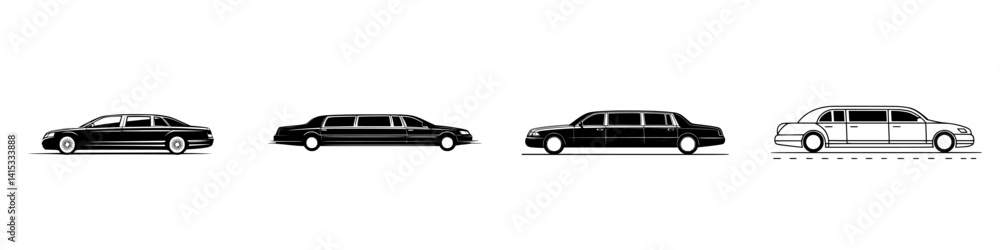 Poster stylized vector illustration of various limousine types showing different angles and lengths