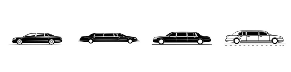 Stylized vector illustration of various limousine types showing different angles and lengths
