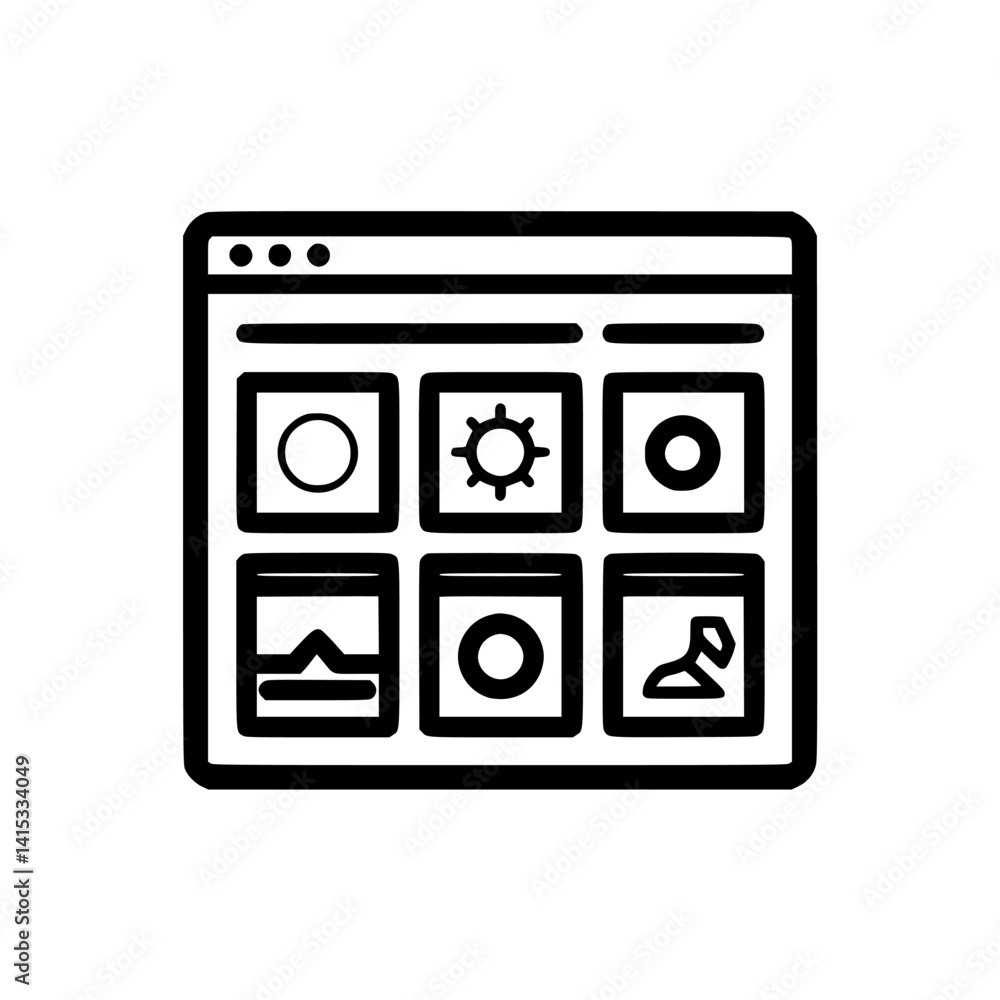 Poster vector illustration icon of a gallery view interface displaying various image thumbnails in a grid l