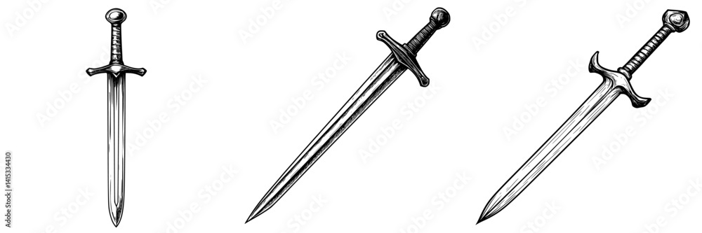 Poster detailed vector illustration of three swords displaying unique designs against a simple background f