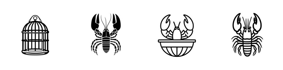 Vector illustration of lobster icons in various designs showcasing a cage, a crab, and lobster in different positions
