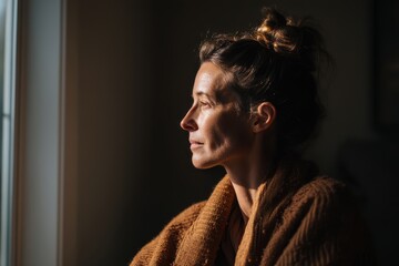 Contemplation by the Window: A woman in a warm brown sweater sits by a window, bathed in soft sunlight.  Her profile is illuminated, her gaze cast outward.
