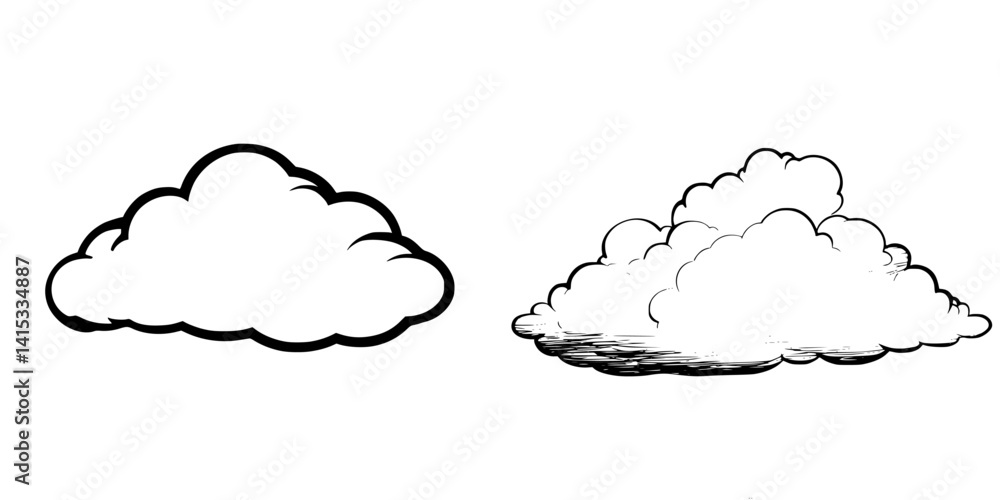 Poster vector illustration of two distinct cloud designs showcasing different textures and shapes in a mini