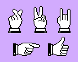 8 bit pixel art hand icons, pixel hands gestures icons set. Retro Game art isolated vector illustration. Pixel perfect. Nostalgia