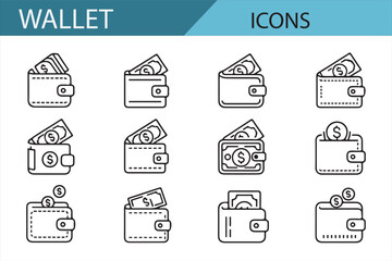 Digital Wallet Icons Featuring Cash, Cards, and Financial Transactions