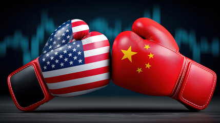 Two boxing gloves with the US and China flags clash, symbolizing economic, political, or trade tensions between the global powers