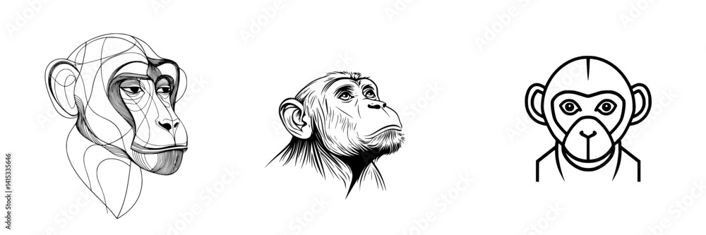 Aufkleber vector illustration of three distinct monkey heads showcasing various artistic styles and expression