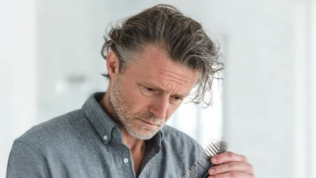 An older man with receding hair who is obviously unhappy and clutching a comb with some hair matted to it. 