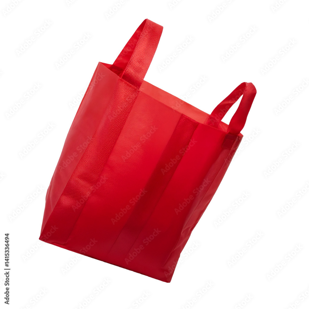 Poster empty red reusable grocery bag with loop handles isolated on transparent background with cut out pat