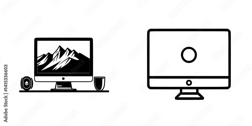 Poster vector illustration of computer screens with mountain landscape and minimalist design suitable for d