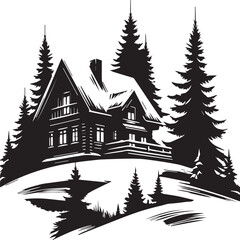 Obraz premium Silhouette of a peaceful winter cabin with smoke rising, pine trees around, on a white snowy hill. with white background