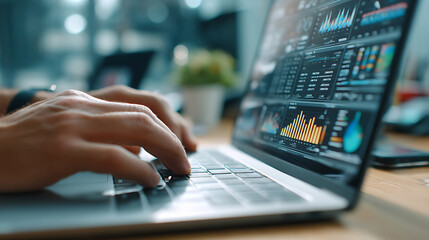 Close-up of a person working on a laptop with dynamic data visualization, displaying the analytical and technological sophistication.